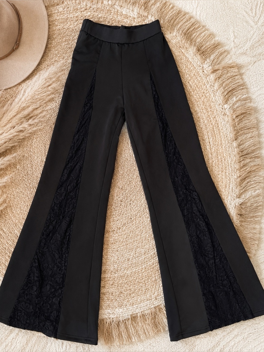 Black Lace-Panel Flared Pants
